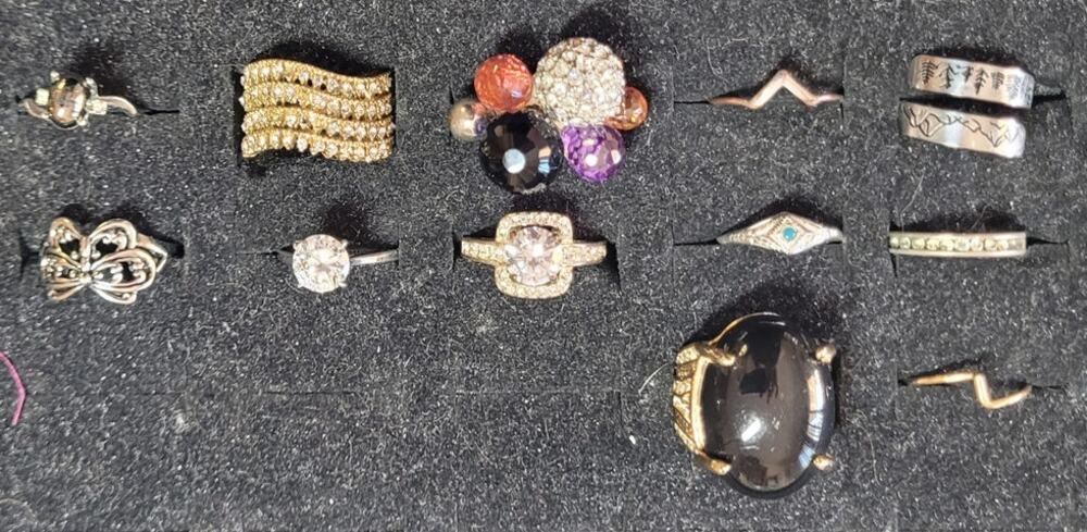 Lot 12 Rings Mixed Variety Rhinestones Statement Bands Sizes 6.25 6.5 7 7.5 7.75
